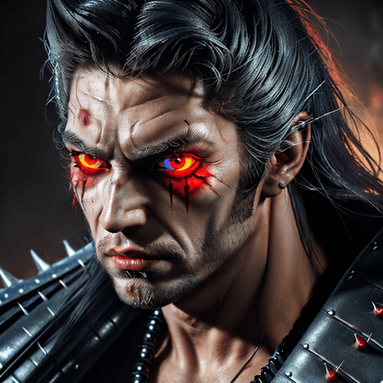 AI generated: close up portrait extreme detail of the witcher, vampire, spiky long hair,  glowing flaming eyes, bl...