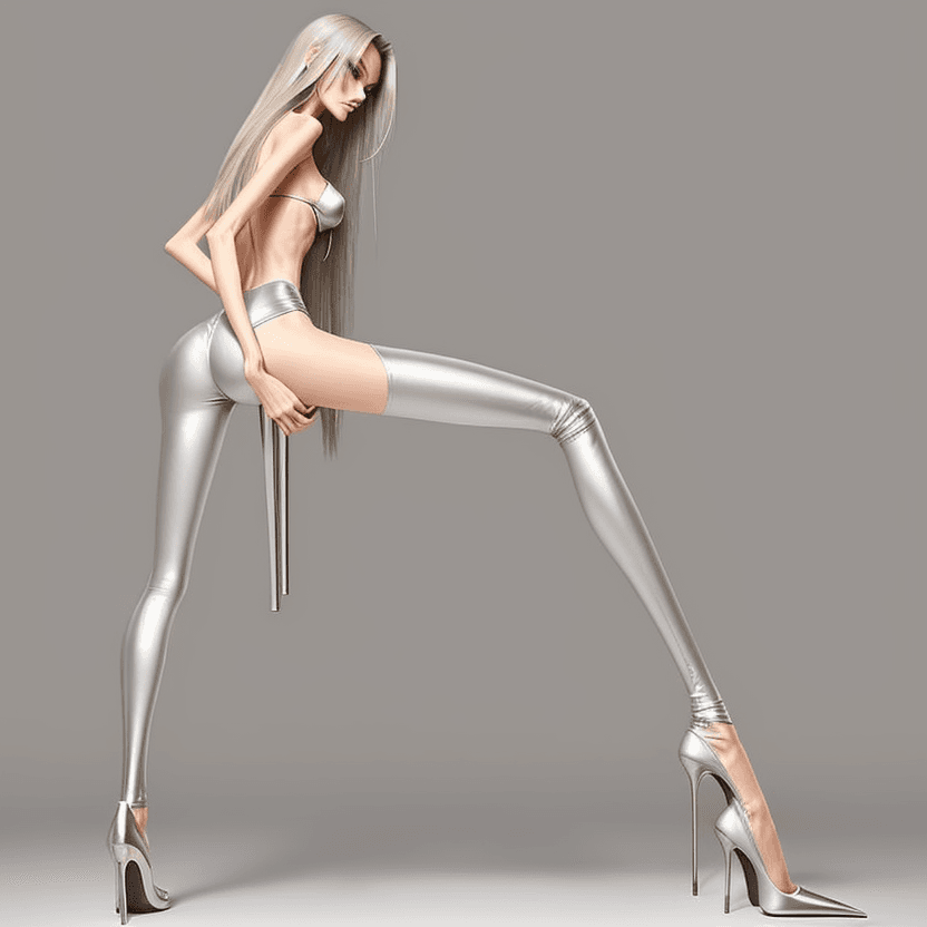 AI generated: photo of an extremely skinny, flat-chested model with extreme long and skinny legs with extreme long...