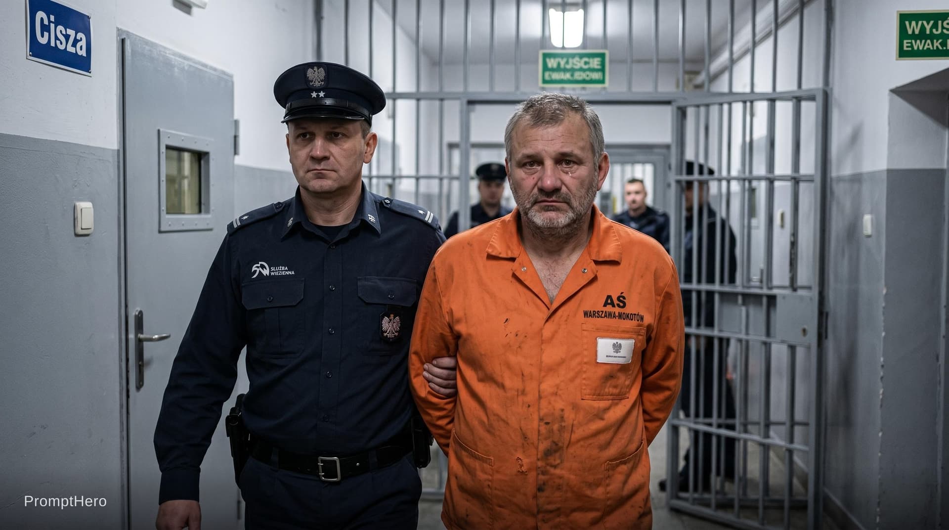 AI generated: The person in the photo is being led before a man prison guard. The location is a prison. He is dres...