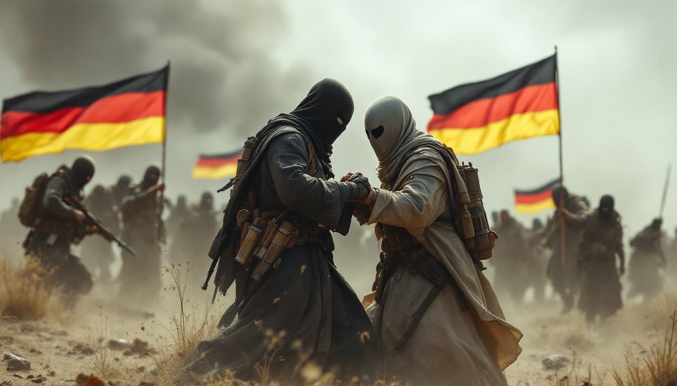 AI generated: modern scene of Christians and Muslims fighting together and hand in hand against evil terrorists, G...