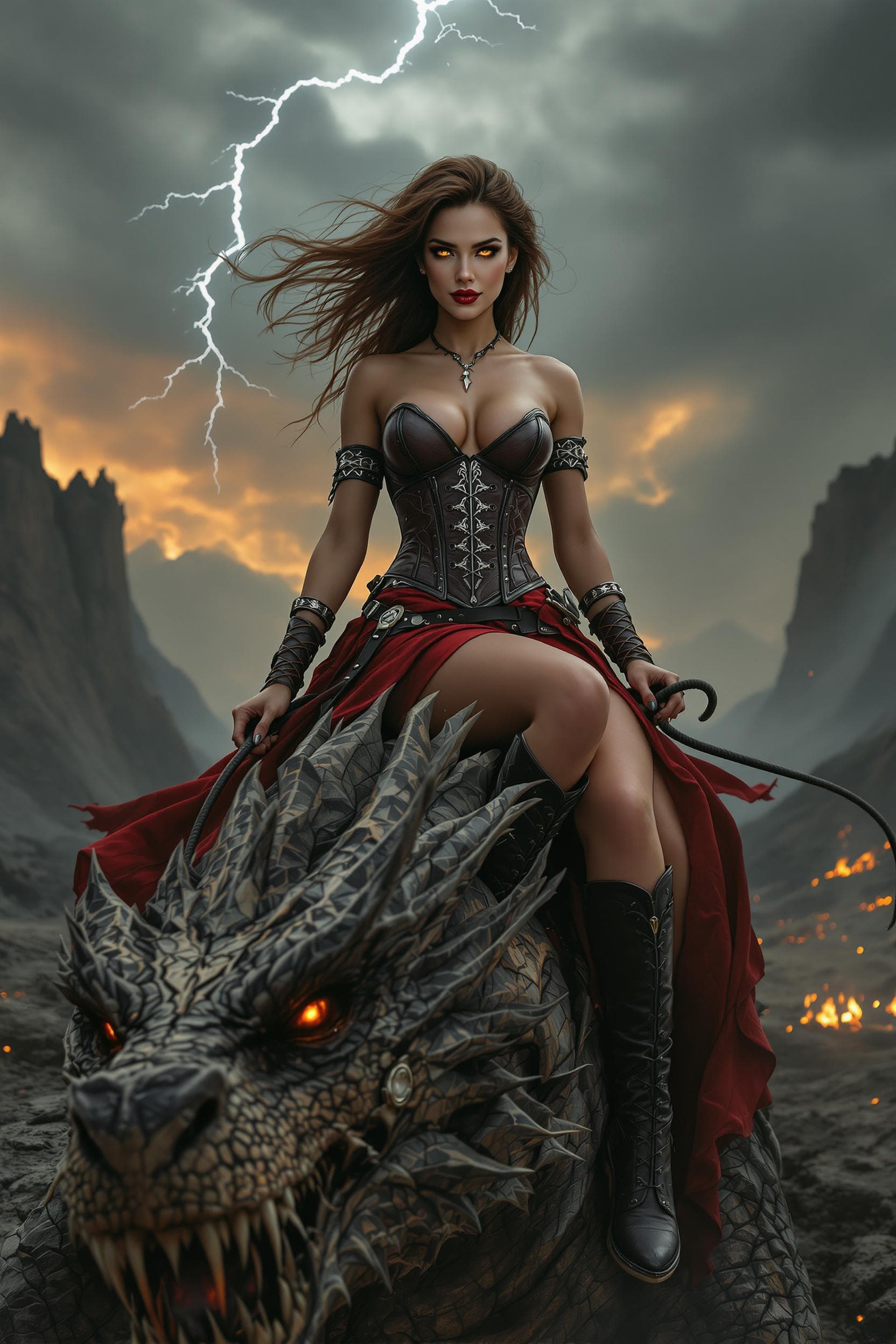 AI generated: A woman who embodies boldness, audacity, and unrestrained energy stands as the focal point of a dram...
