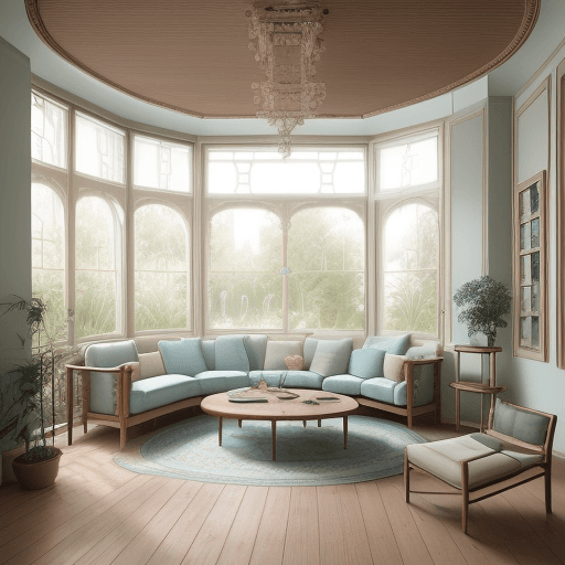 AI generated: High resolution photography interior design, dreamy sunken living room conversation pit, wooden floo...