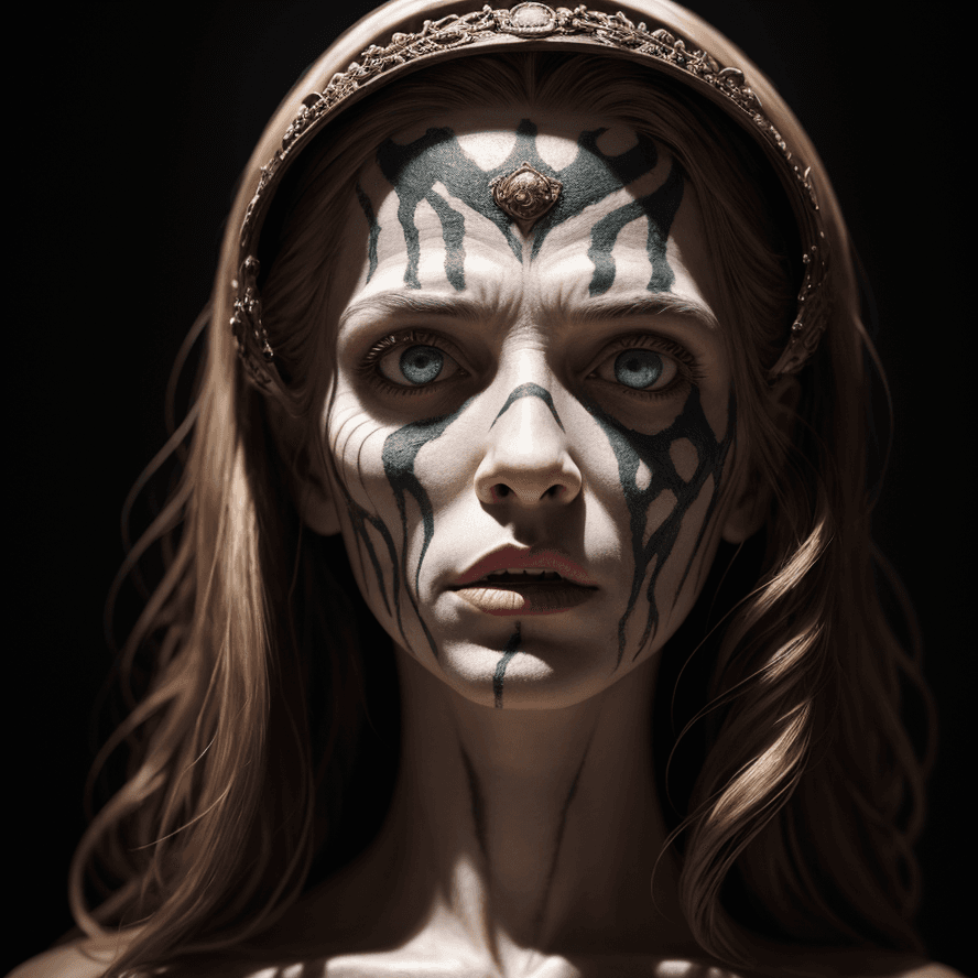 AI generated: style of Agostino Arrivabene, a medieval Viking woman with scare on her face, a brave and fearless f...