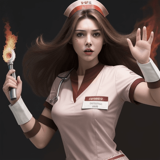 AI generated: Super hero, woman, brown hair, on fire, nurse