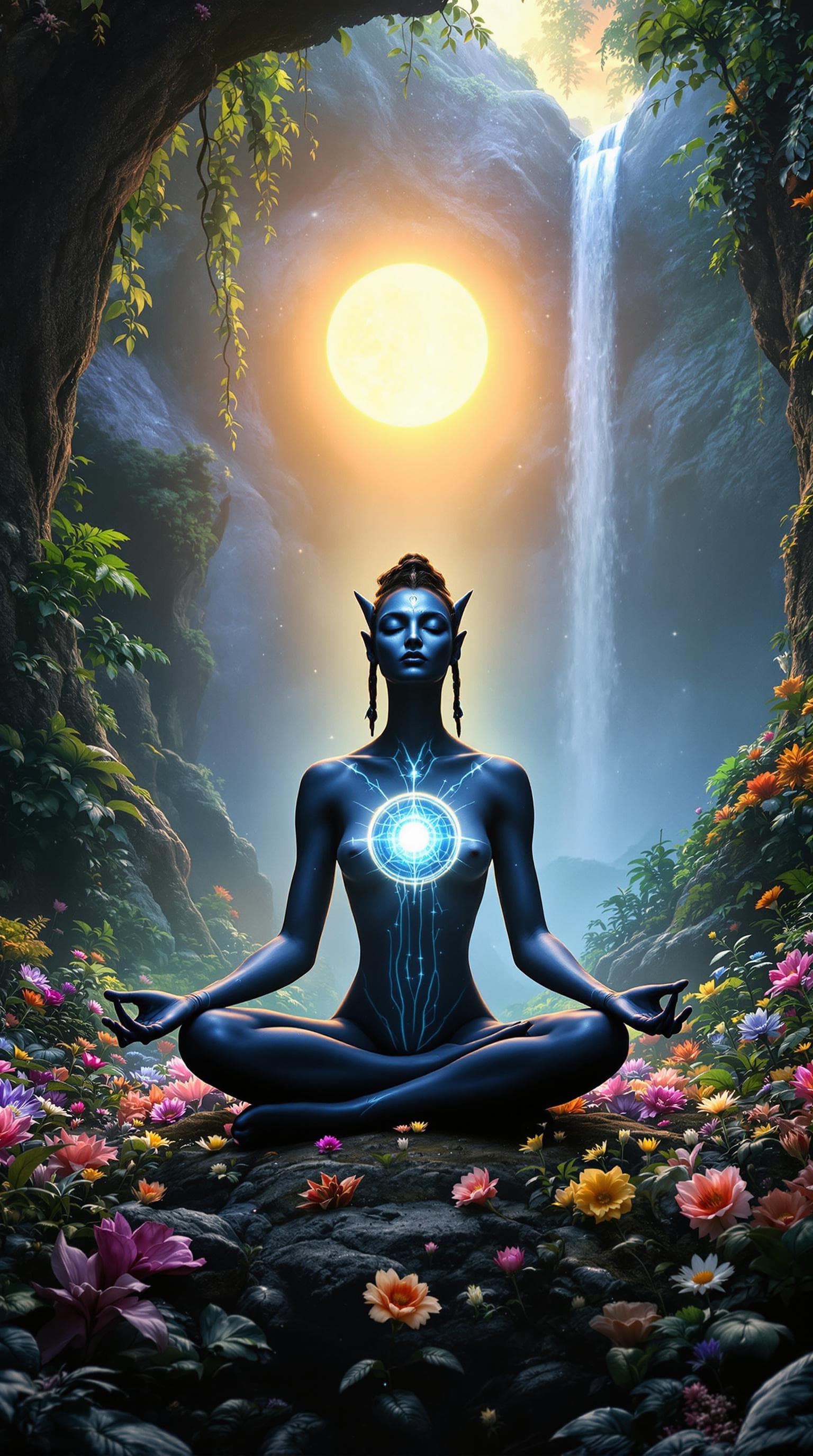 AI generated: 
Avatar Na'vi alien woman, in a rainforest of Pandora, Black universe galaxy skin, hyper-realistic, ...