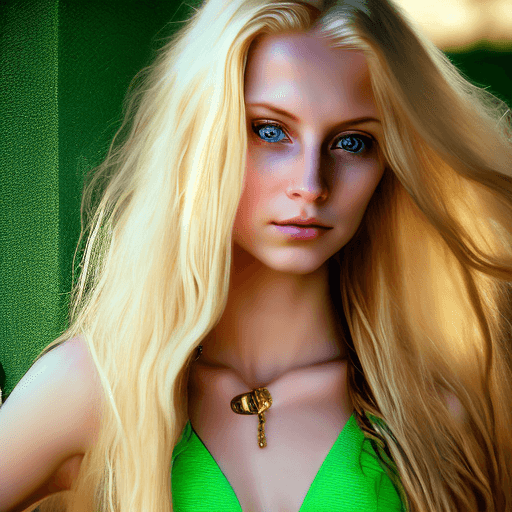 AI generated: A captivating young woman with long, flowing blonde hair, one eye gently obscured by her locks, stan...