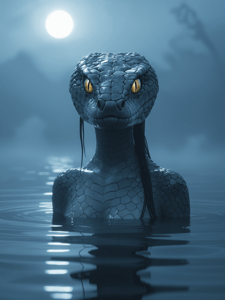 AI generated: Pit Viper in water, foggy backround, female upper body 