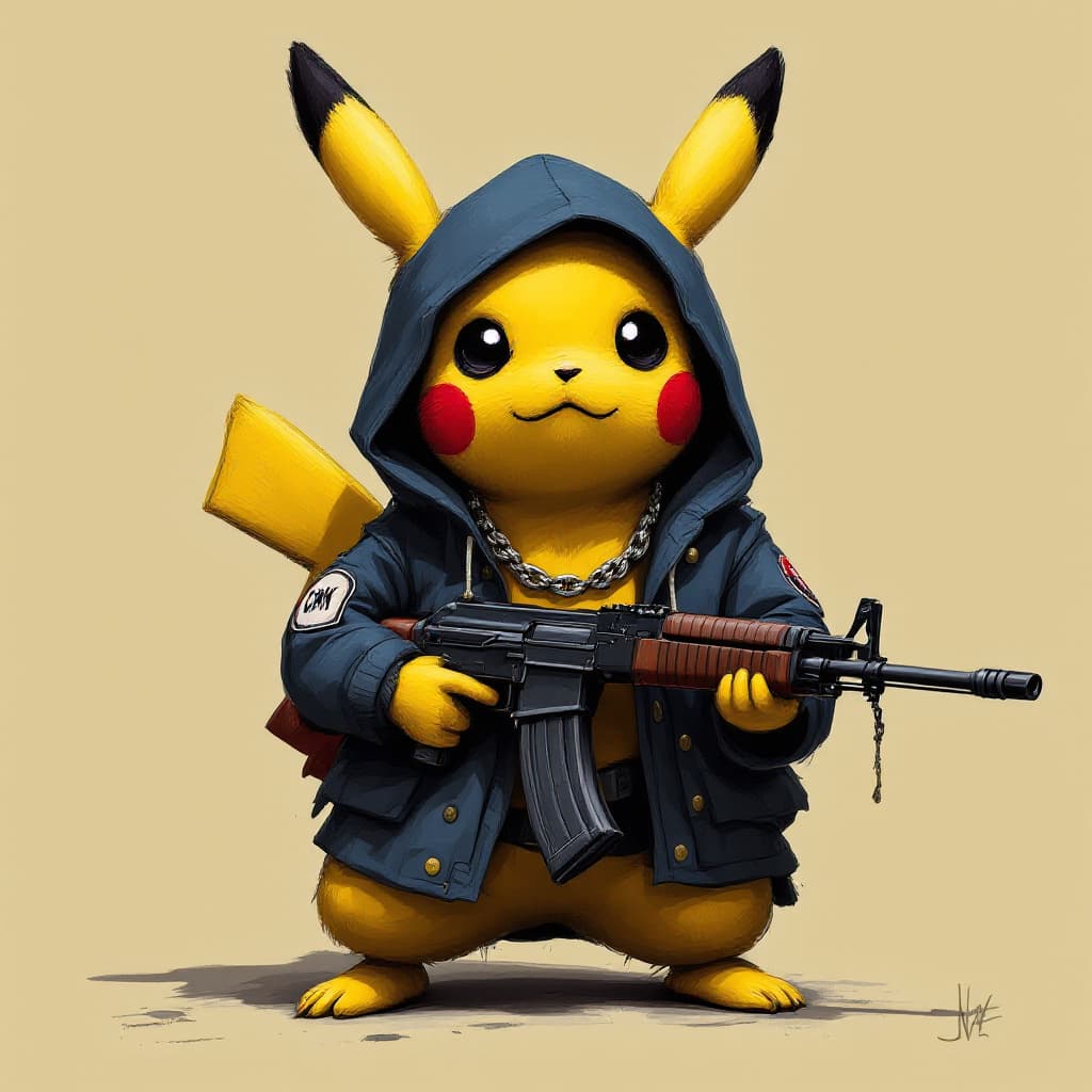 AI generated: pikachu with an ak47, part of the crips gang. in the style of Picasso