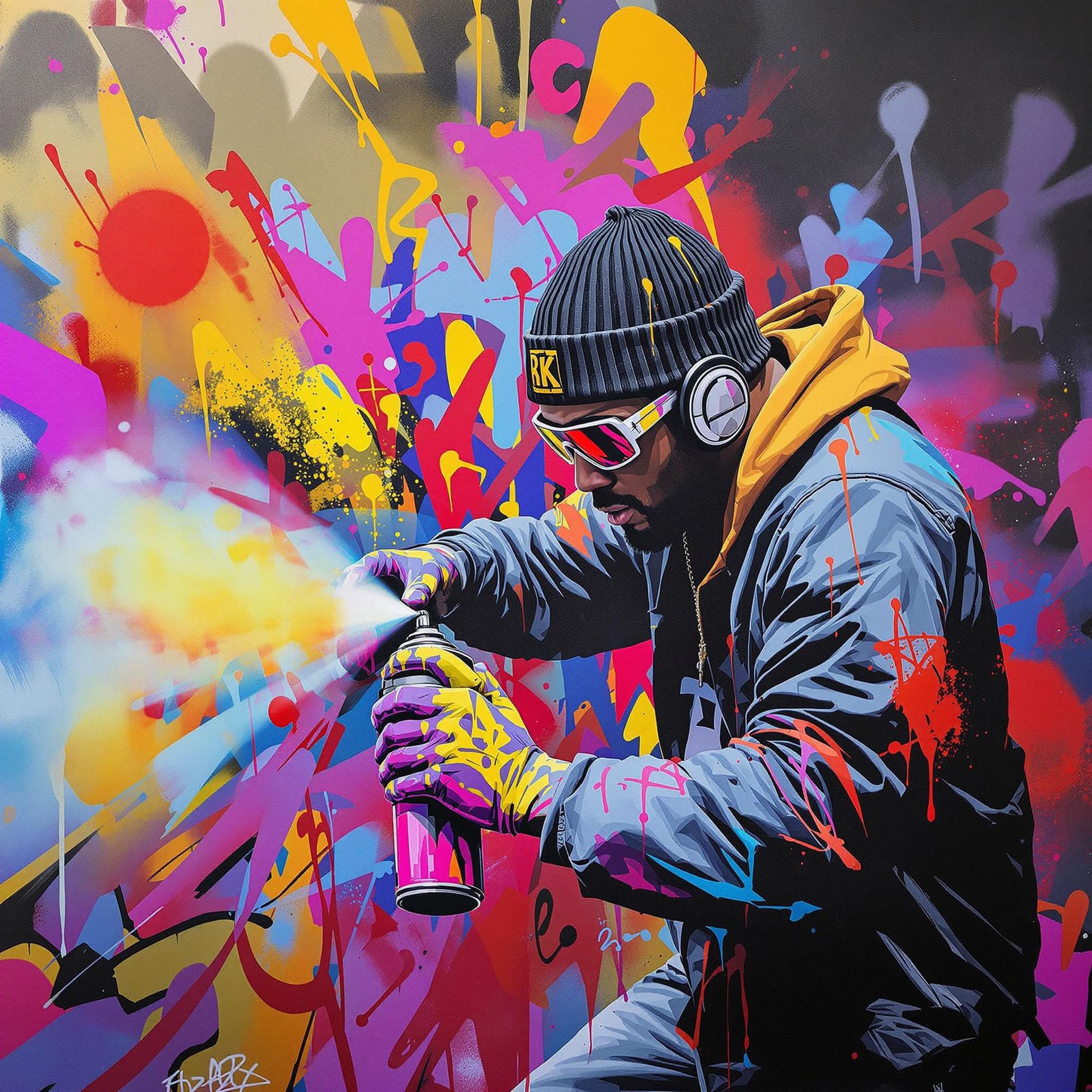 AI generated: Hip Hop Aerosol Art, Spray Paint, Dynamische Formen, Urban, Portrait eines Hip-Hop-Künstlers in Akti...