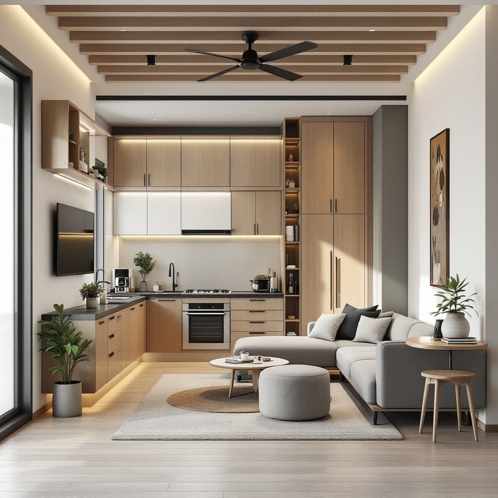 AI generated: Design a modern and cozy youth studio apartment (8m x 5m), divided into two functional zones. The fr...