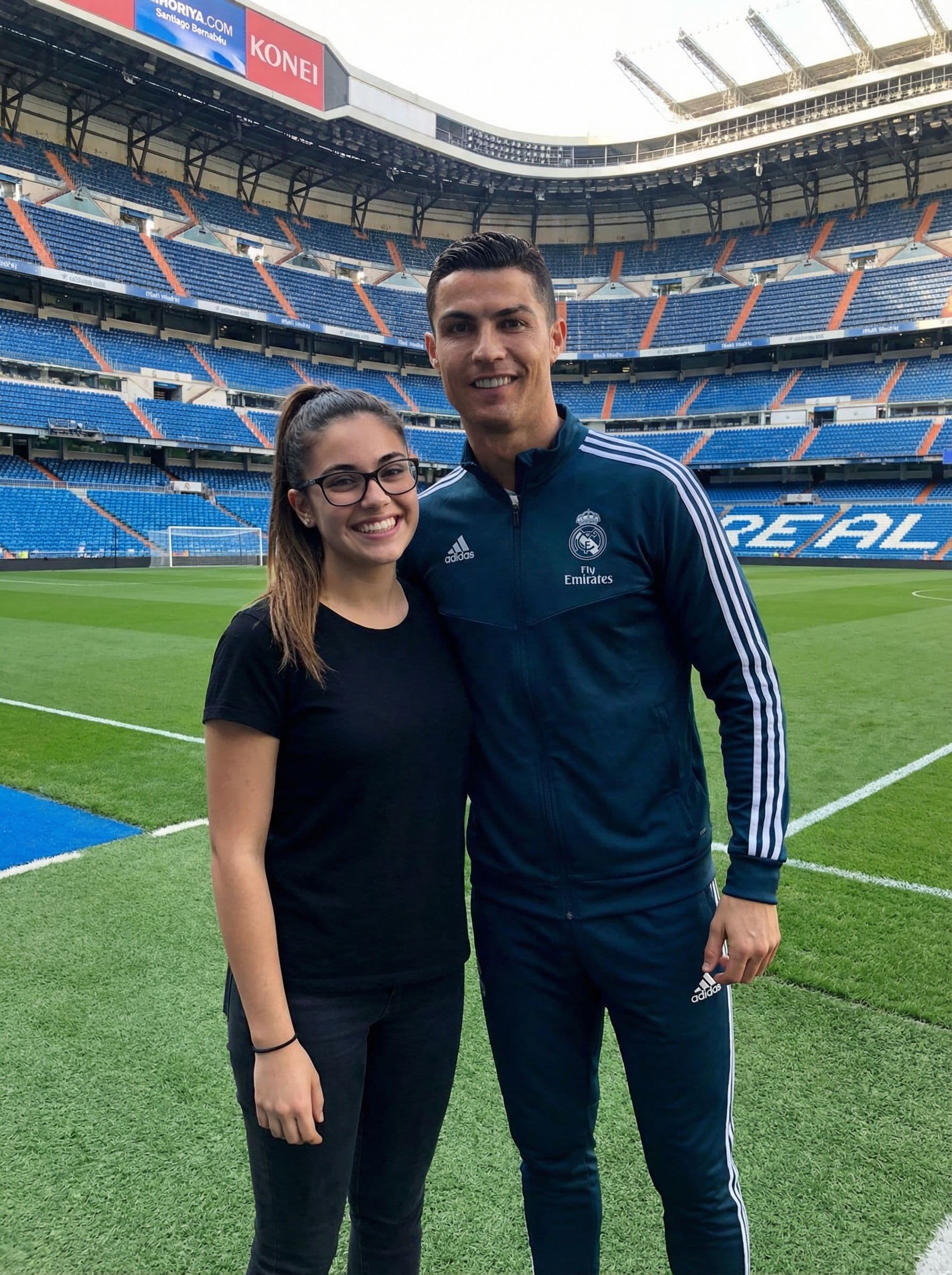 AI generated: Este chico y cristiano ronaldo en el bernabeu. Change that guy into a girl 

