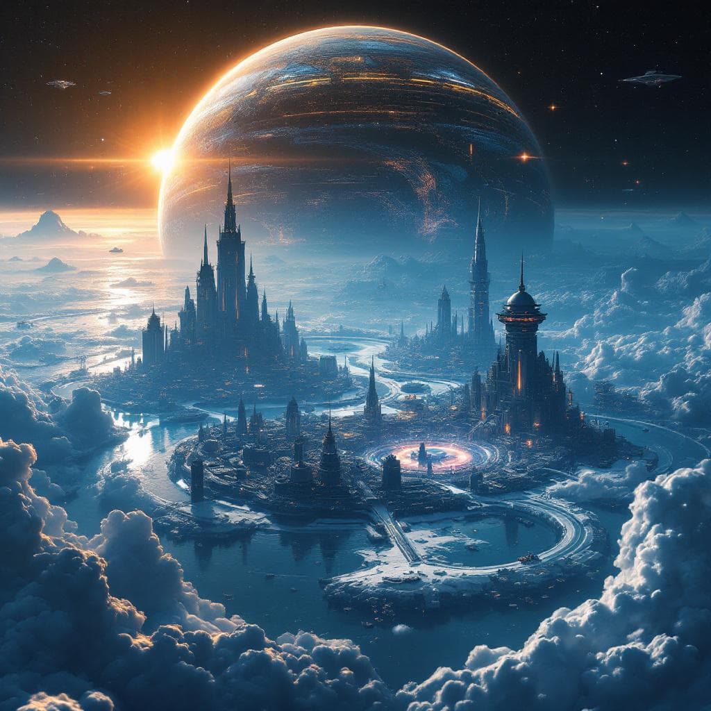 AI generated: Planet Auroraxi, heart of the Genesis Verge. A luminous super-city spread across silver oceans and f...
