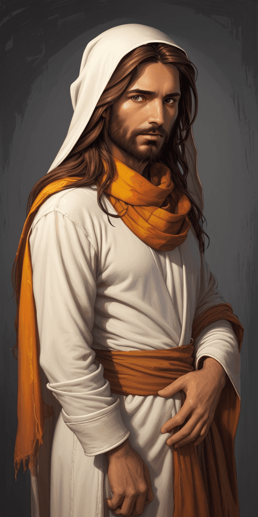 AI generated: an oil painting of Jesus looking straight, scarf behind head, brown hair, professional digital paint...