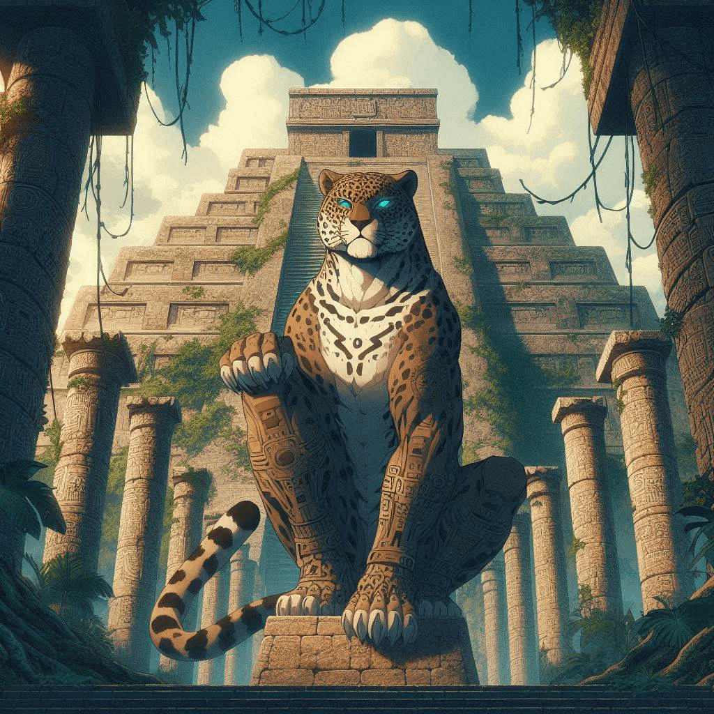 AI generated: Cinematic anime photo of a jaguar king holding his legs in an ancient Mayan temple, the towering sto...