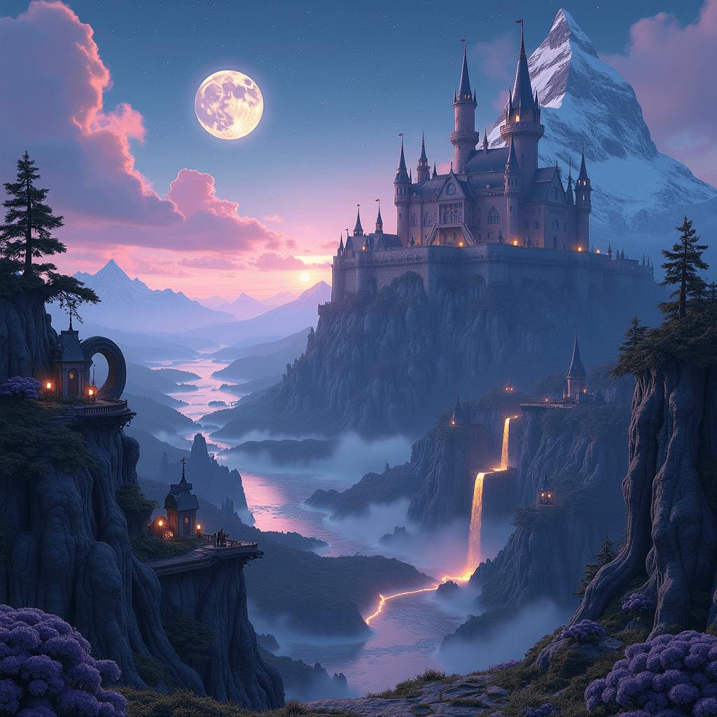 AI generated: professional 3d model A grand castle sits atop a snow-capped mountain, its turrets reaching into a v...
