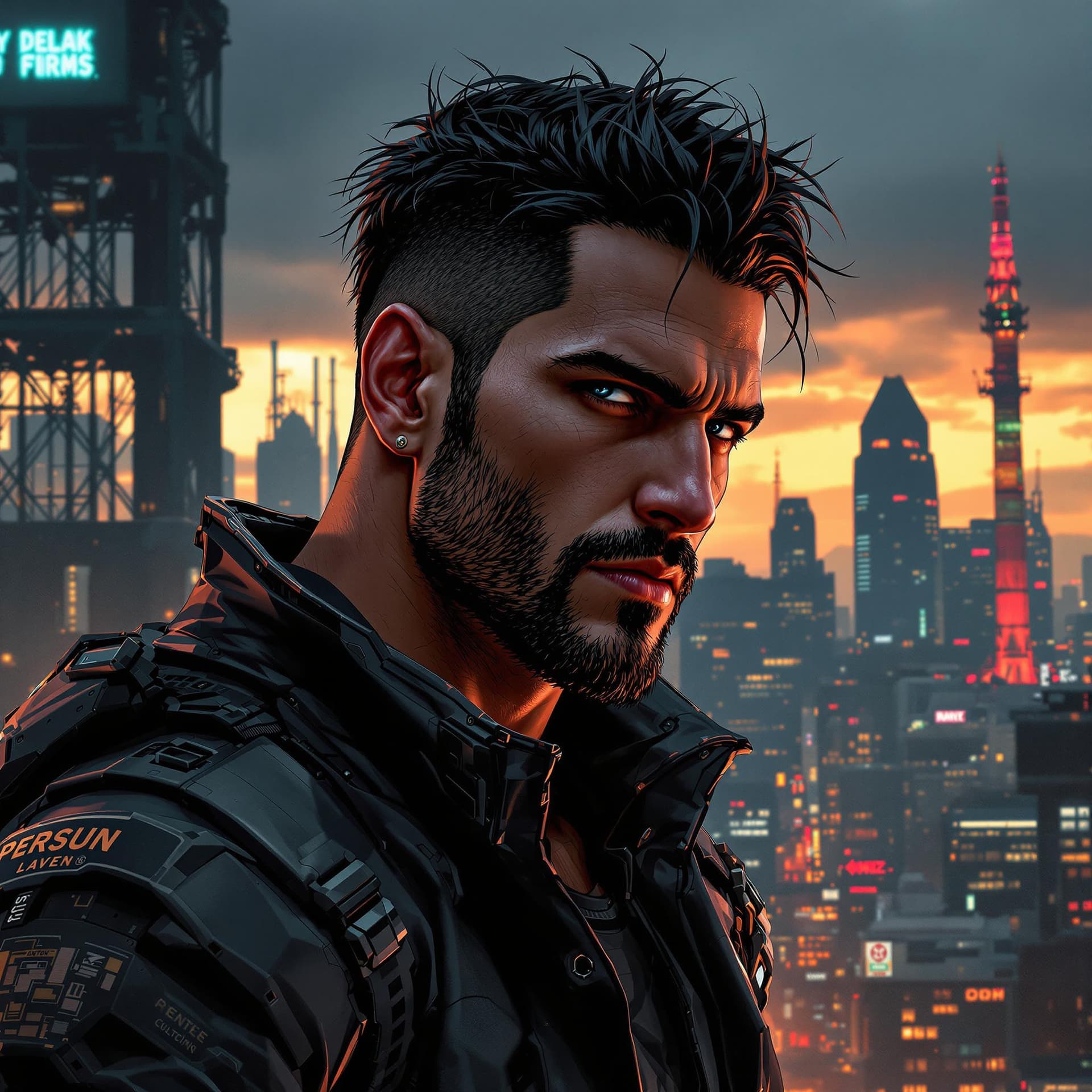 AI generated: Handsome Javier. good looking cyberpunk fitness dude. attractive face. Realistic Proportions. Concep...