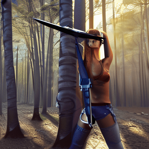 AI generated: Blonde girl with sun glasses in forest with sword . octane render, trending on artstation,t symmetri...