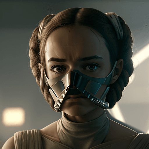 AI generated: arafed woman with a star wars mask on her face, movie screenshot from star wars, margot robbie as pr...