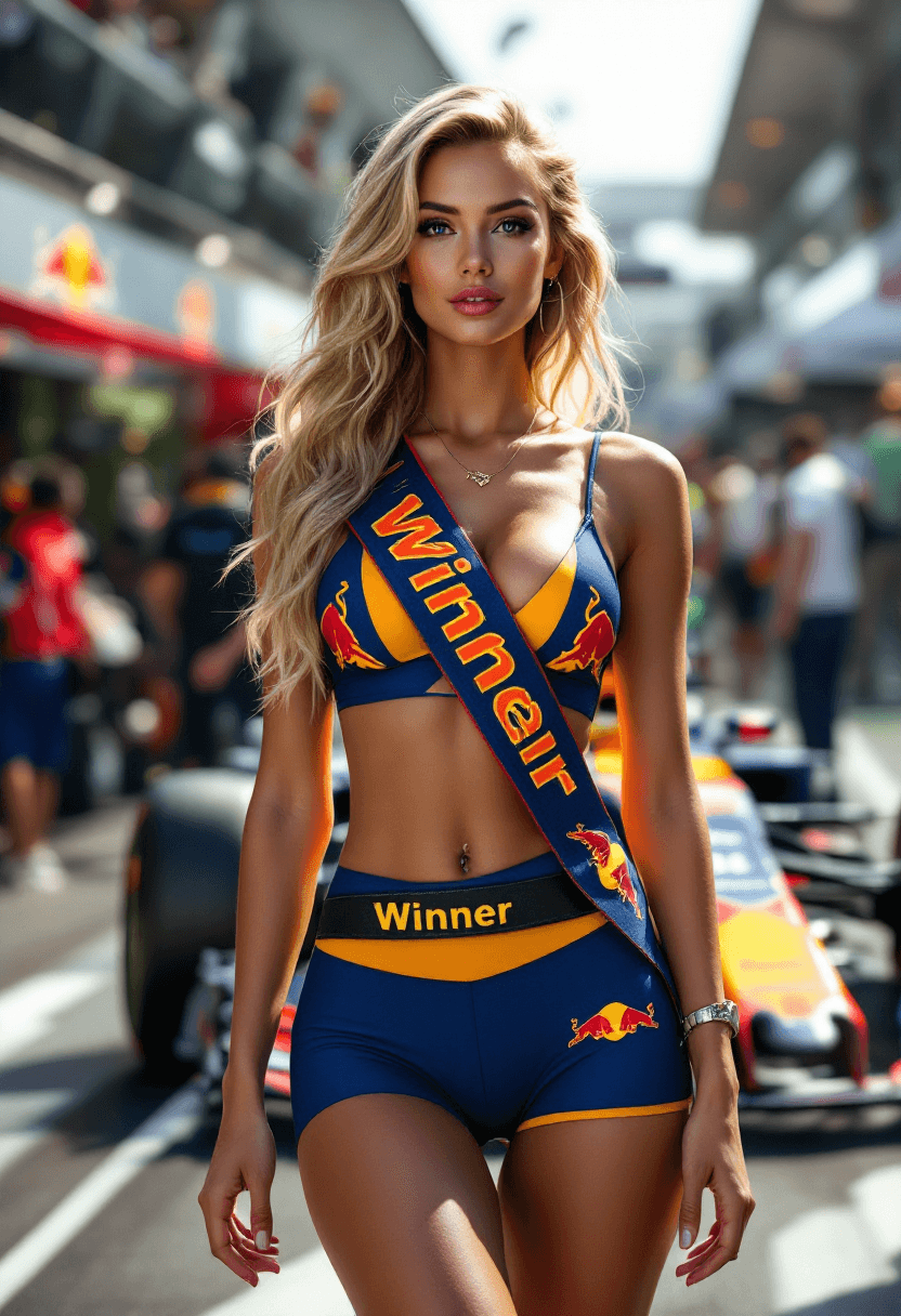 AI generated: (8K) masterpiece image of a beautiful blonde standing next to a red bull F1 car in the winners circl...