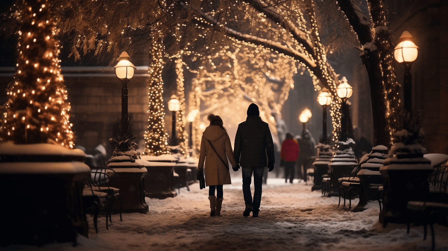 AI generated: a street lined with christmas trees along with snow, in the style of old-world charm, dreamy and rom...