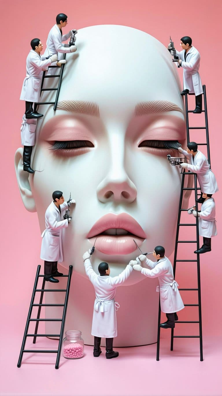 AI generated: Create a Real Eye of a Model Face - A real photo of numerous tiny people, reminiscent of midgets, pe...