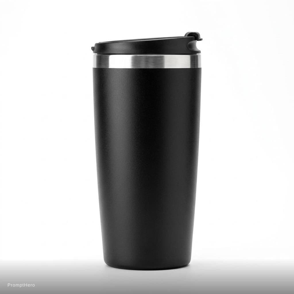 AI generated: Professional studio product photography of a minimalist matte black stainless steel tumbler, isolate...