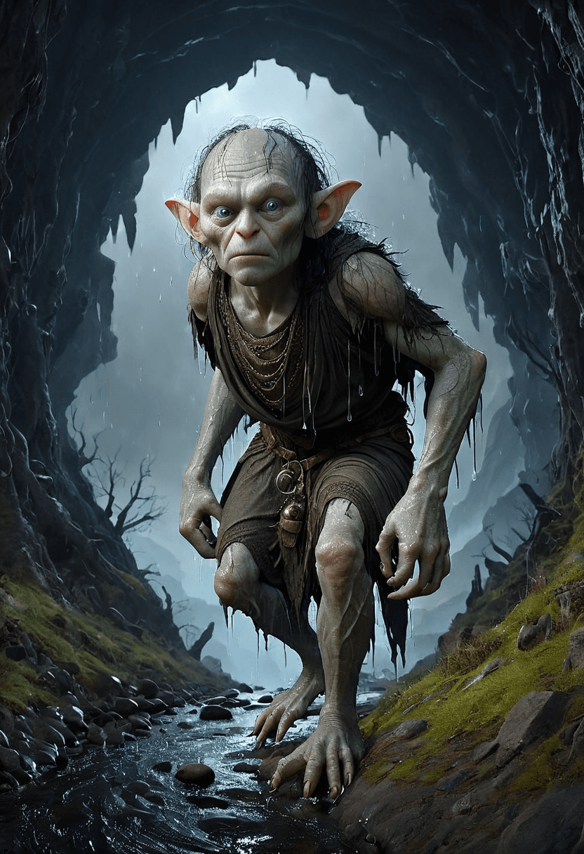 AI generated: glamour shot of Gollum,Lord of rings,John Tolkien,morbide,dark,very detailed,rendered in octane,wet,...