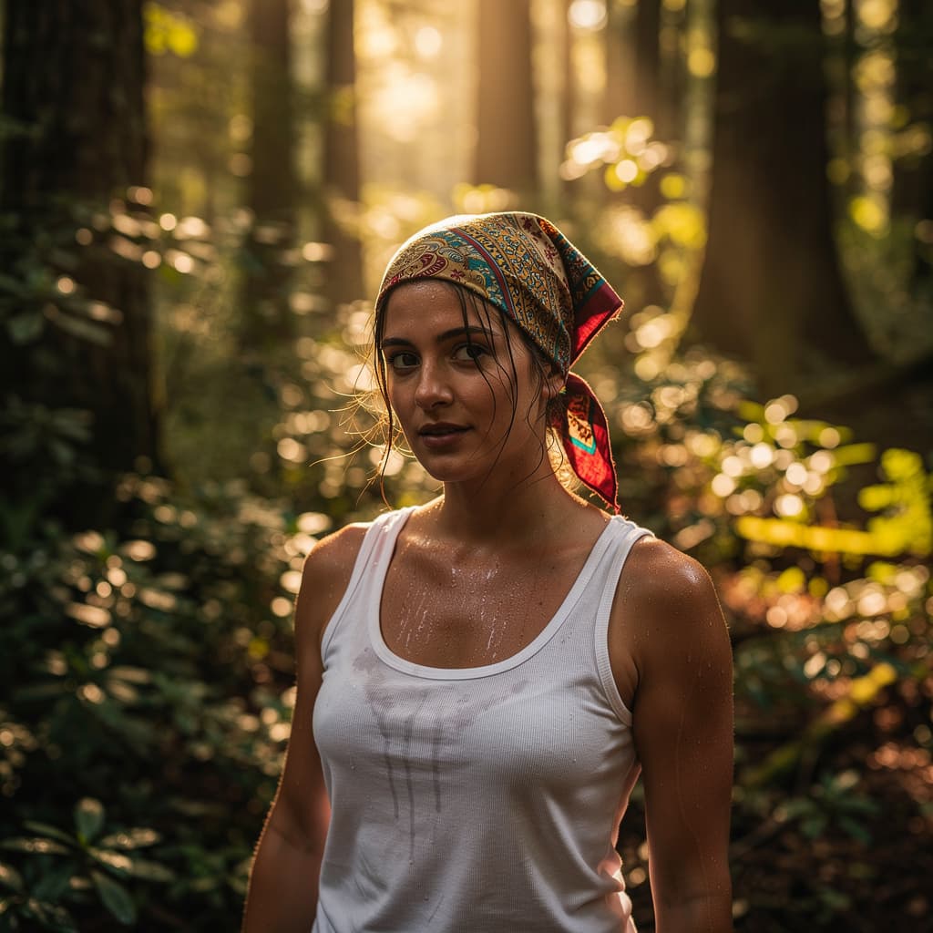 AI generated: The uploaded woman stands out against a backdrop of dense trees and shrubbery, the warm sunlight fil...