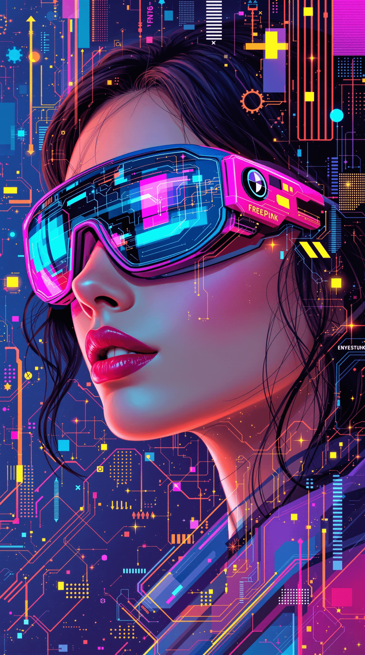 AI generated: awesome illustration, featured on FreePik, woman with smart glasses, futuristic, technology