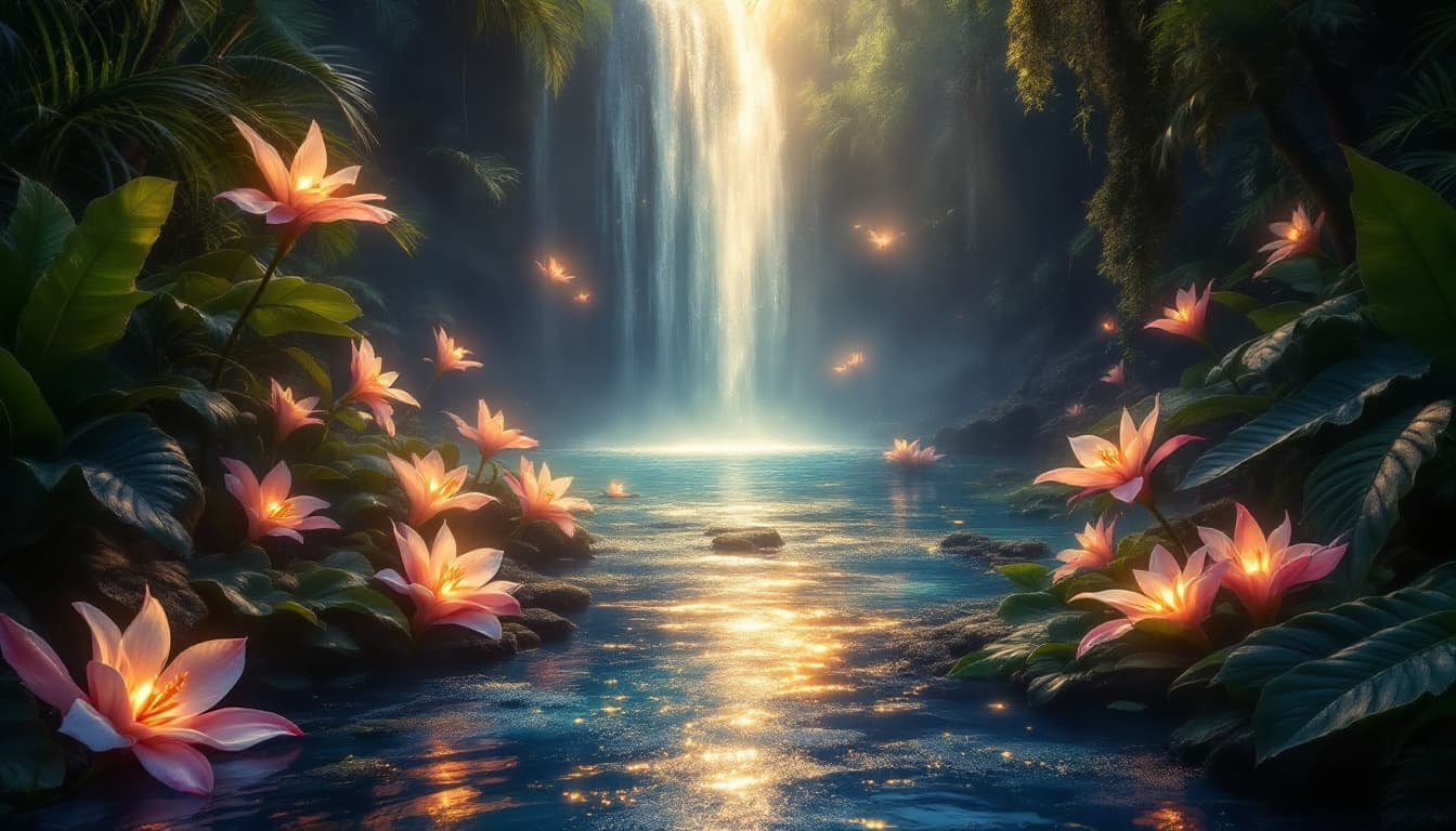 AI generated: depicting an intimate, dreamlike portrait of the paradise lagoon's edge, where the gentle waterfall'...