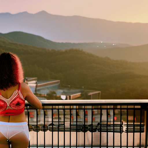 AI generated: A woman with long, wavy hair standing on a balcony at sunset, wearing a red lace-trimmed bra and mat...