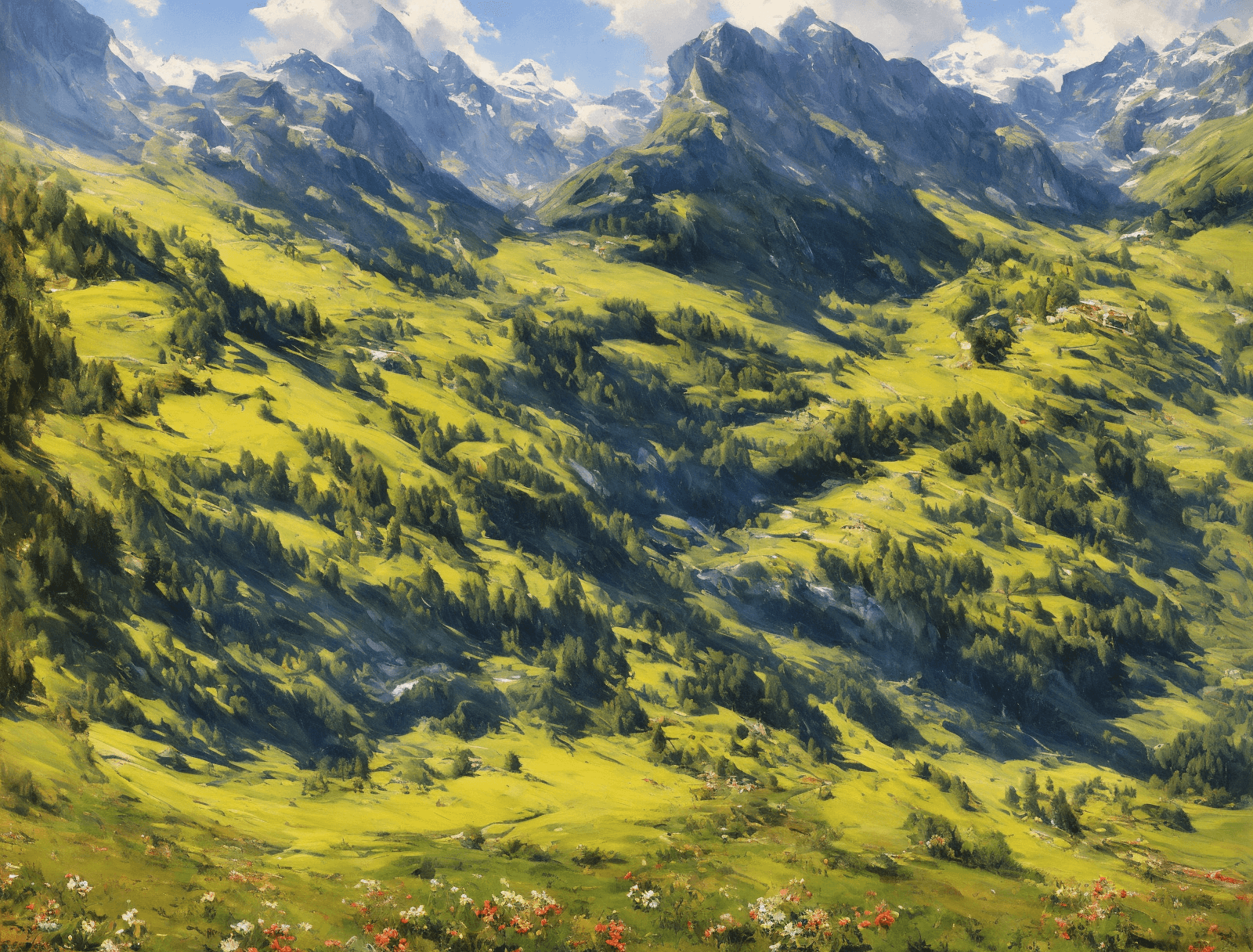 AI generated: paint brush strokes, oil painting of exterior of gimmelwald in Switzerland, leaves, art by hans dahl...
