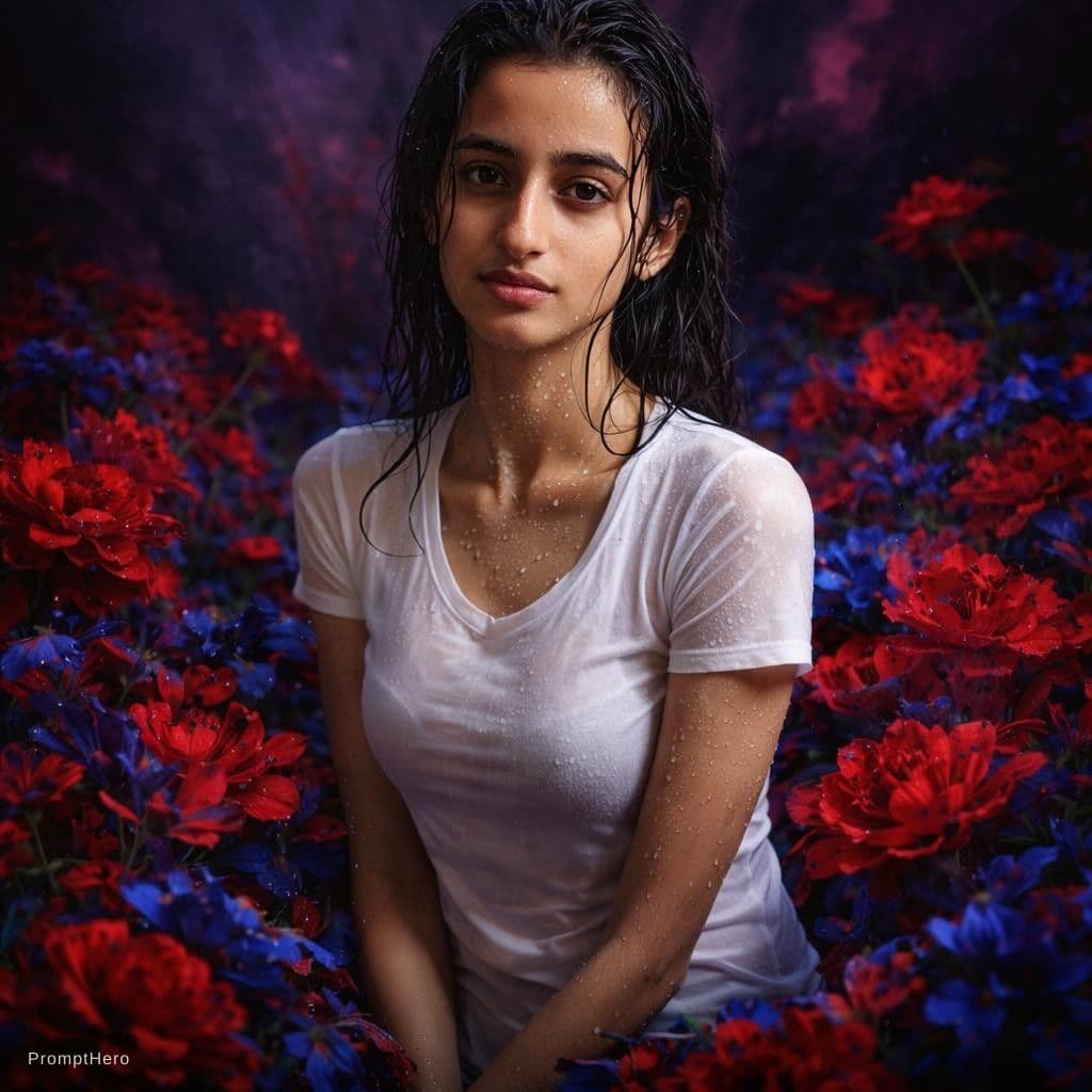 AI generated: Create a photorealistic image of a woman with wet hair, wearing a white shirt partially unbuttoned o...