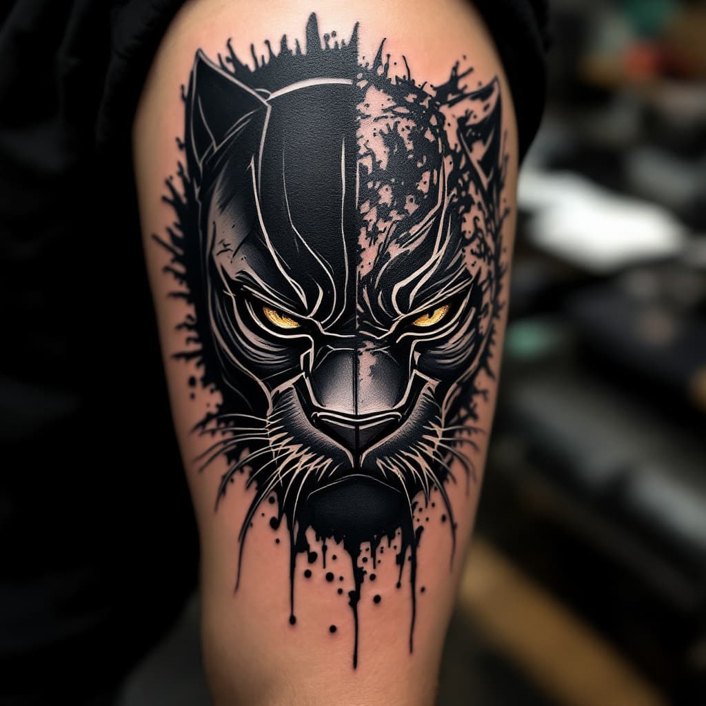 AI generated: tattoo, concept, half black panther animal half marvel black panther, abstract, with many lines, not...