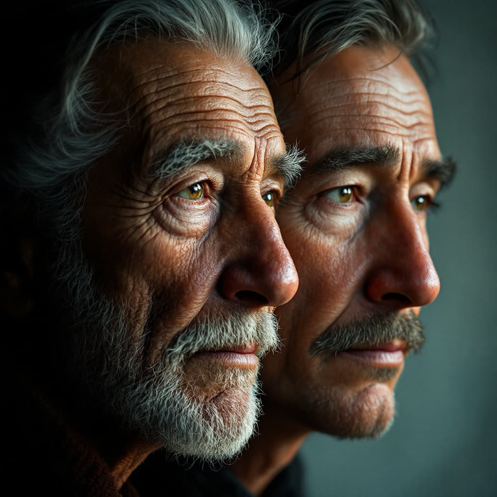 AI generated: A highly detailed and visually appealing artistic depiction of two human faces—father and son—create...