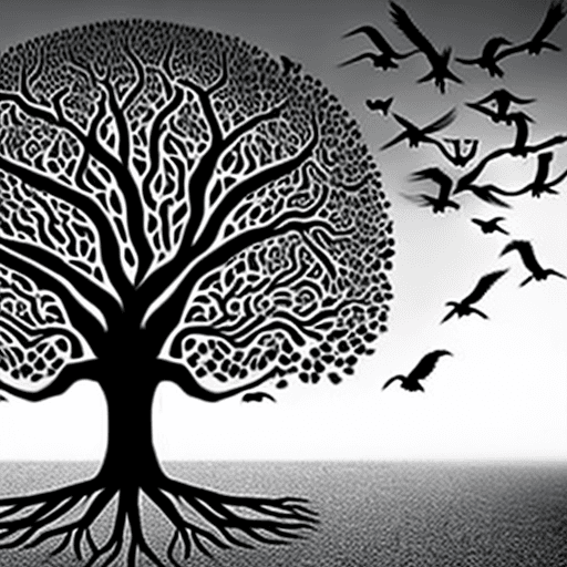 AI generated:  hyper realistic black and grey style tree of life with no leaves, with right side of tree filled wi...