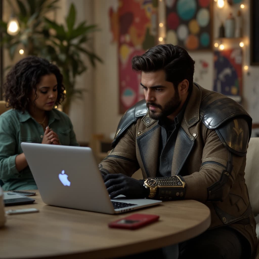 AI generated: The mandalorian, Pedro Pascal as the latina mom from SNL sitting on a table looking at a laptop comp...