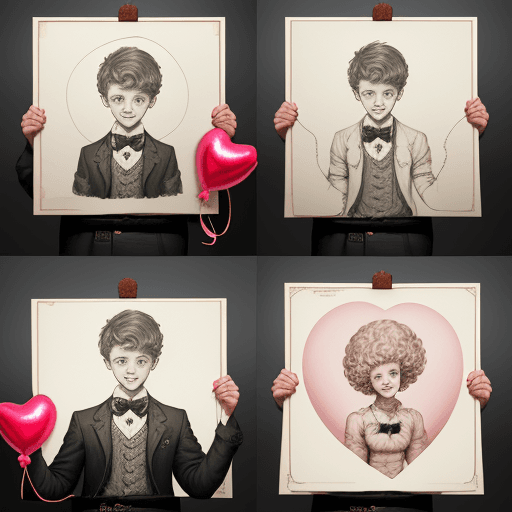 AI generated: a poster depicts a boy holding a heart shaped balloon, in the style of sketchfab, poodlepunk, warm t...