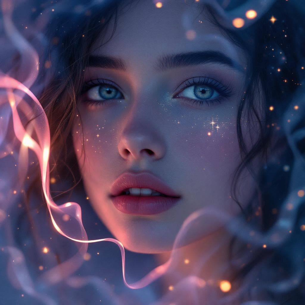 AI generated: Close-up of a serene, expressive woman’s face looking directly into the camera with dreamy eyes, sur...