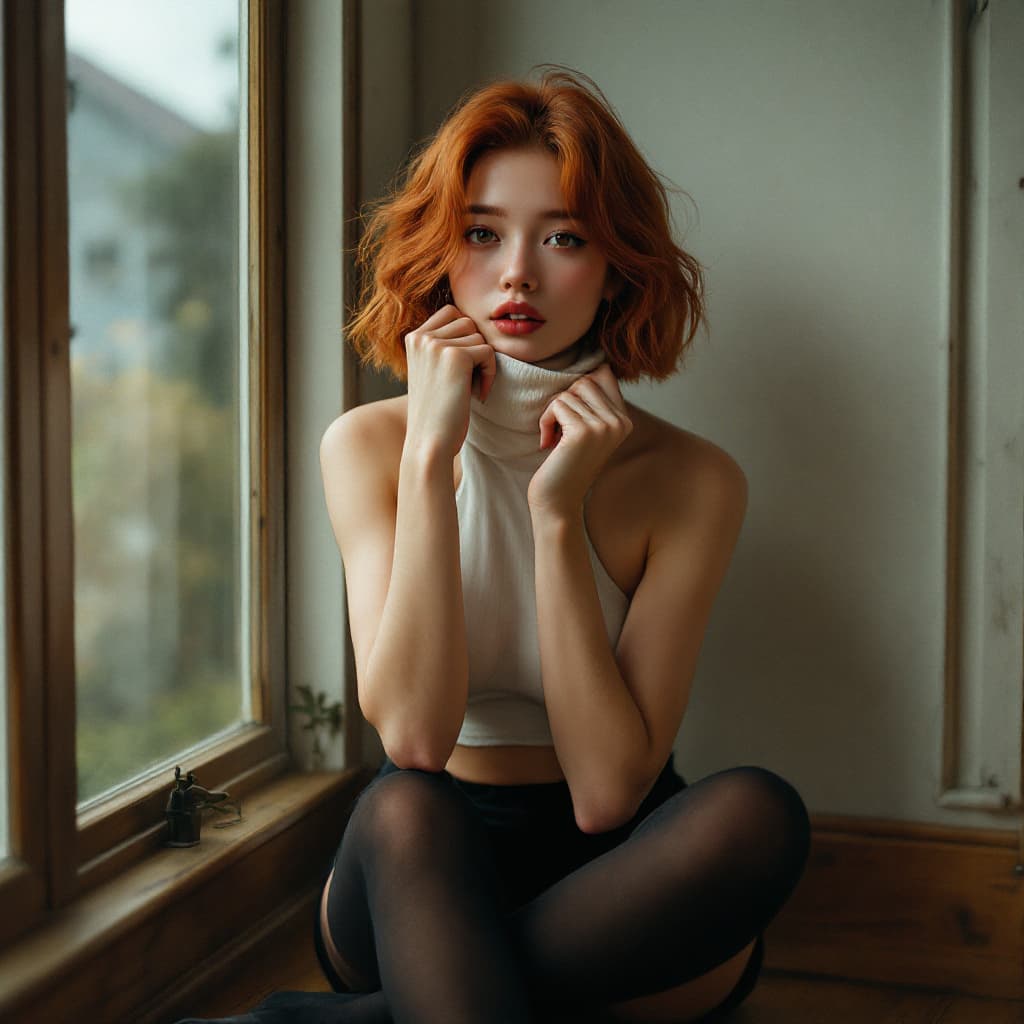 AI generated: photo, a cute Asian woman, oily, sitting pose, on wood flooring the corner, cottage core home,  natu...