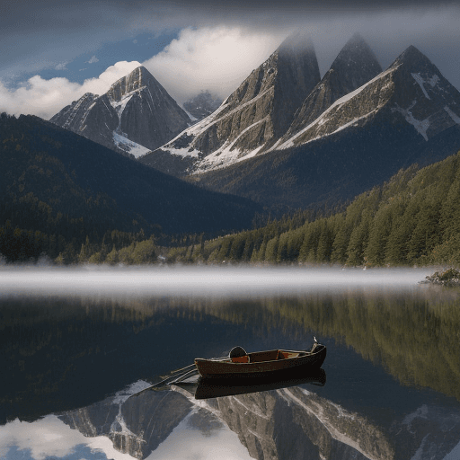 AI generated: "A tranquil mountain lake scene with a wooden rowboat floating in the foreground, perfectly reflecte...