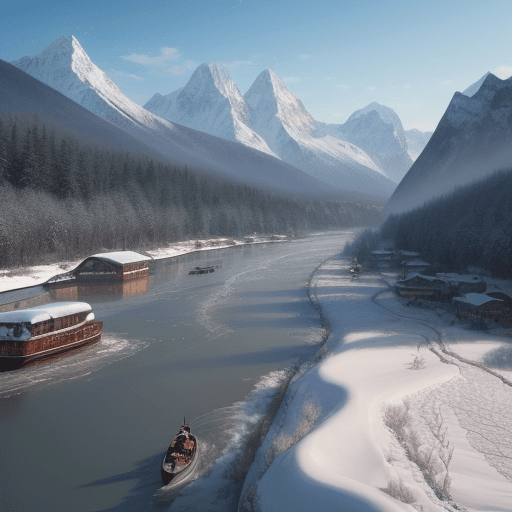 AI generated: beautiful snow-covered mountains with floating boats on the river 