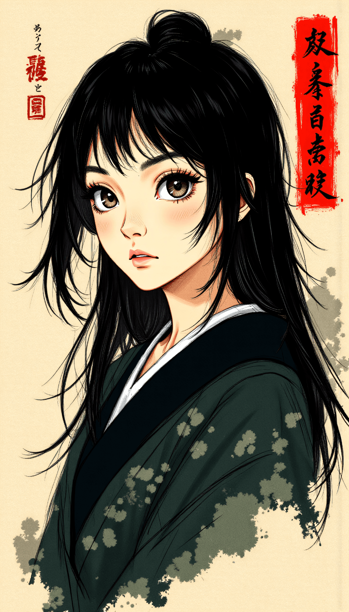 AI generated: Portrait of a young Japanese woman in neo-traditional ink style, dramatic chiaroscuro lighting, head...