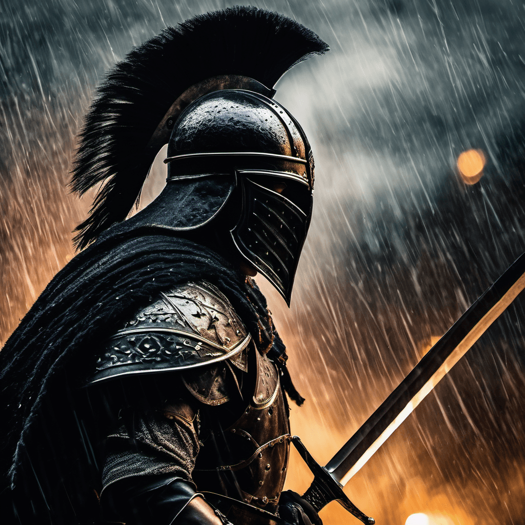 AI generated: stunning close up of a legendary gladiator, heavy black medieval armor, masked face, horned helmet, ...