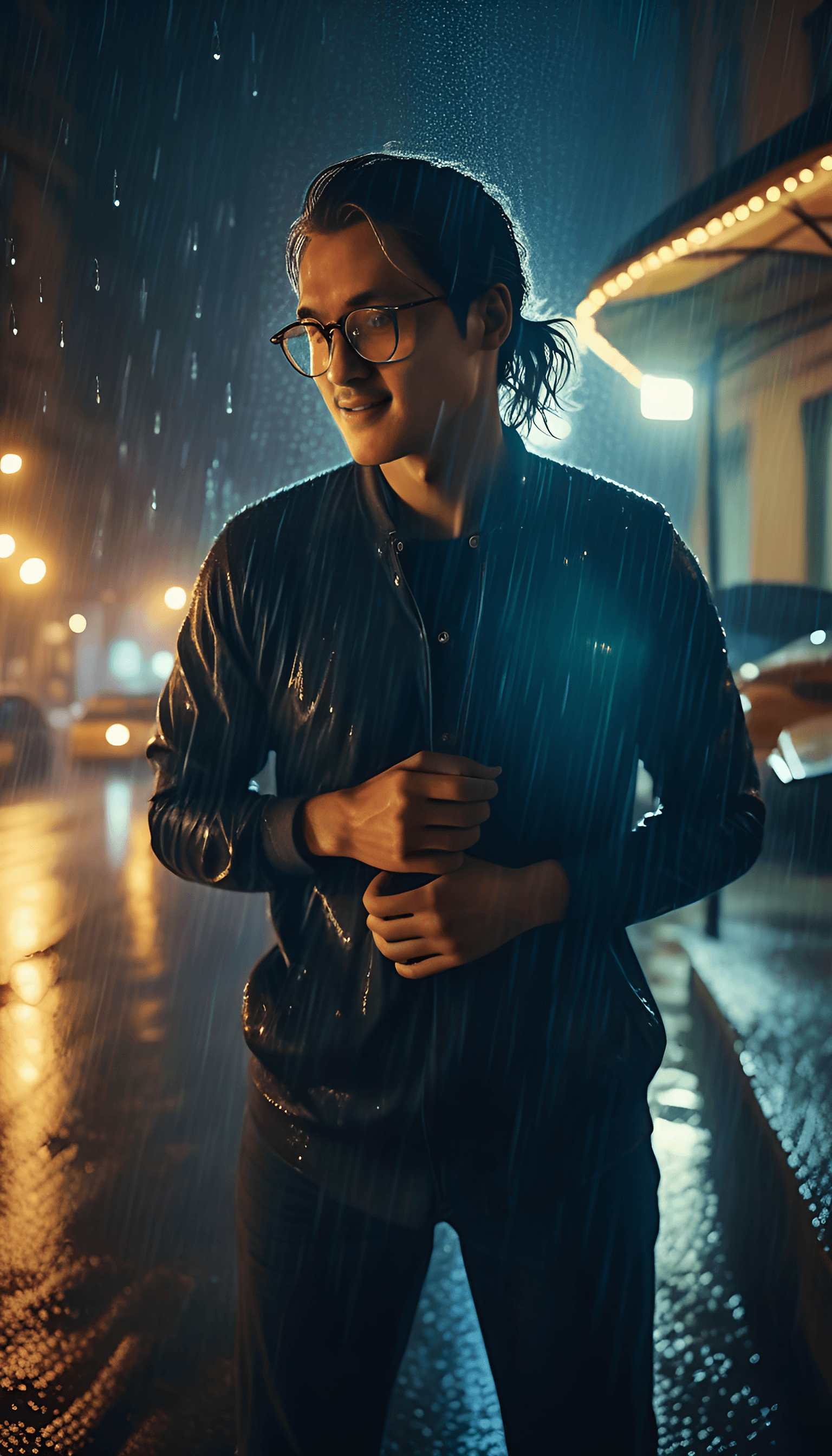 AI generated: retro atmosphere, Rainy winter streets, rain-soaked streetlights, all over the body, under the stree...