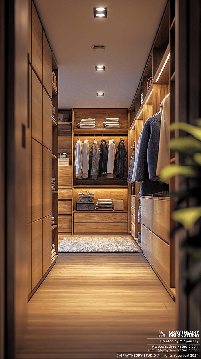AI generated: photorealistic, perspective shot, modernism dress room