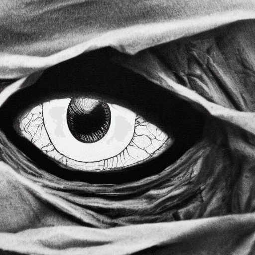 AI generated: A hyperrealistic oil painting, white background of an eye peeking through ripped paper with the shap...