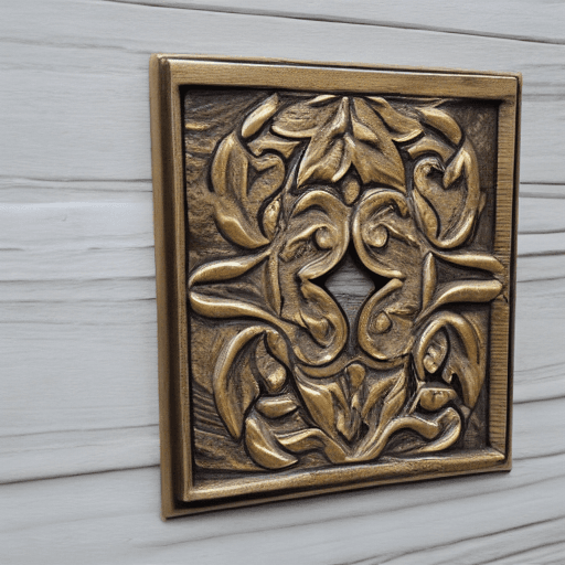 AI generated: Hinge opening, brass, plaque, hobbit style, square timber border, land of milk and honey mural  patt...