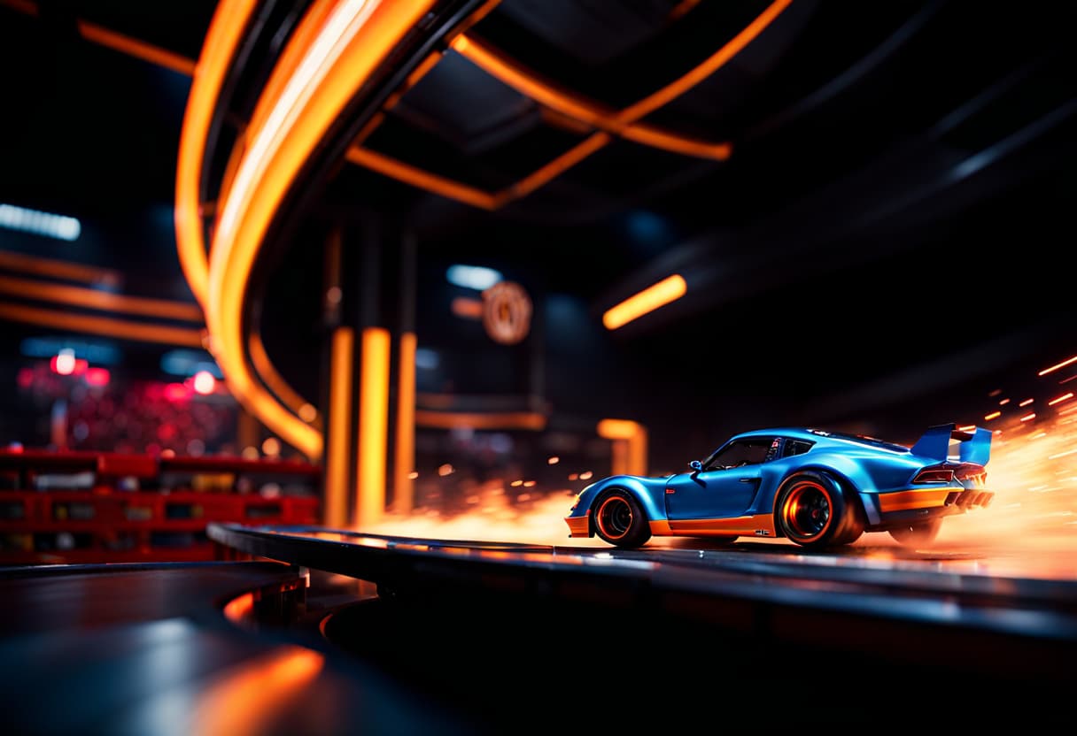 AI generated: cinematic CG 8k wallpaper, action scene from Hot Wheels tabletop racing game, bogus room environment...