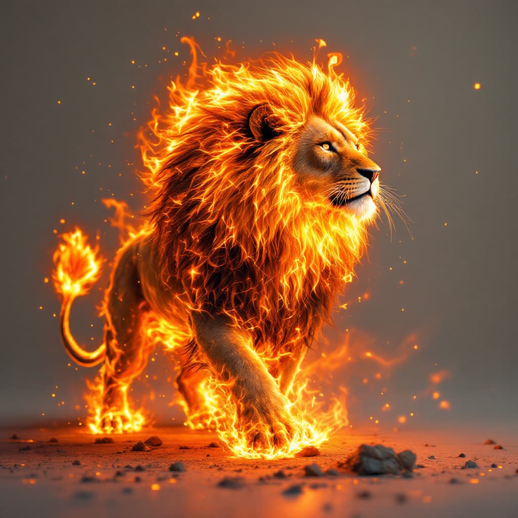 AI generated: Un fascinante leon del fuego con una melena poderosa naranja vibrante y suelto que se mueve como lla...